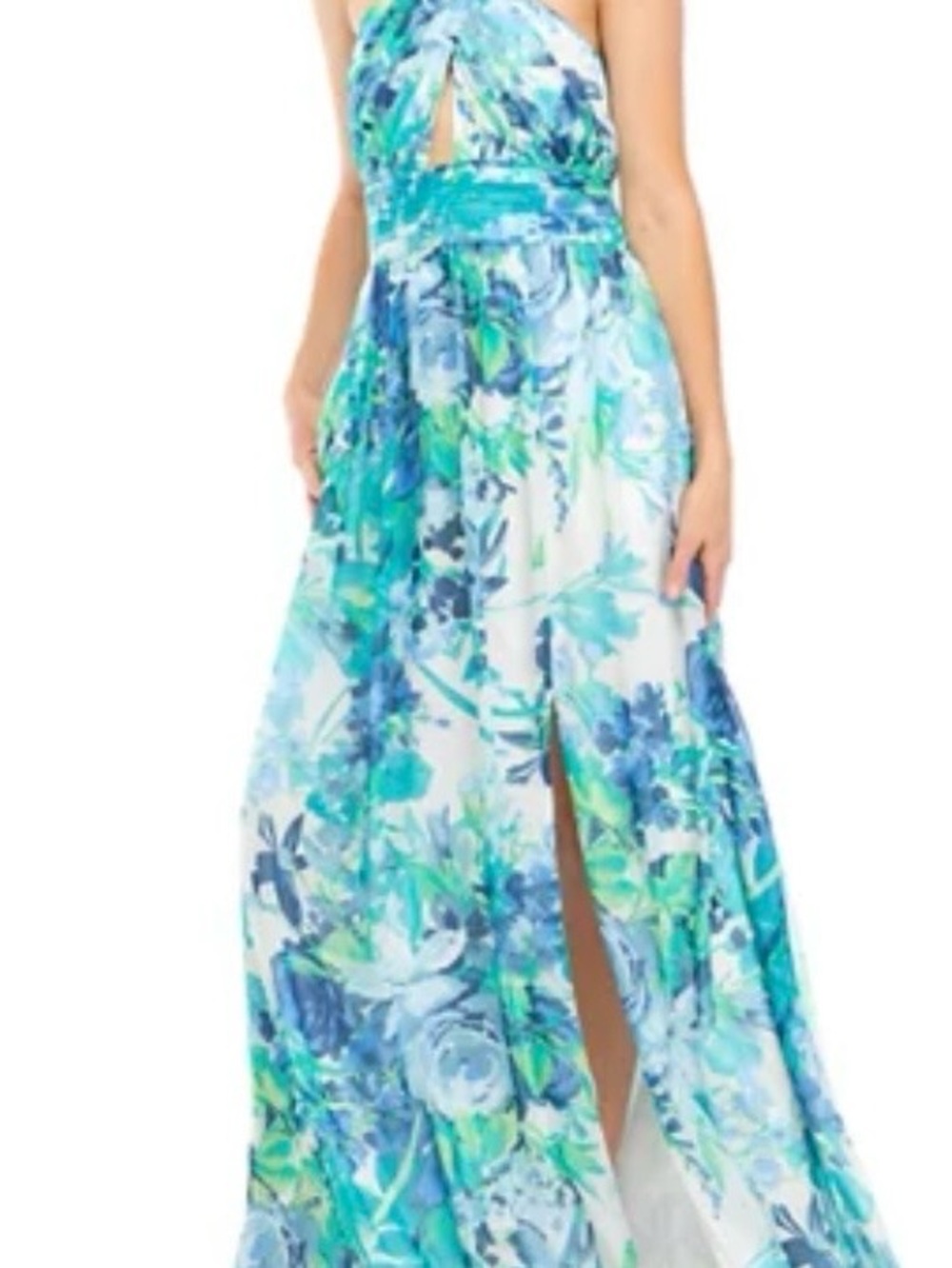 Eliza J Halter Neck A-Line Gown with Bodice Cutout & Skirt Slit